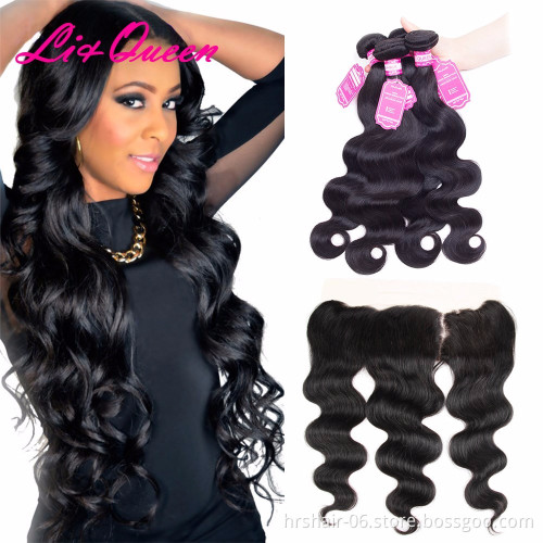 wholesale brazilian body wave 13x4 lace frontal 3 bundles virgin brazilian hair with lace frontal closure bleached knot